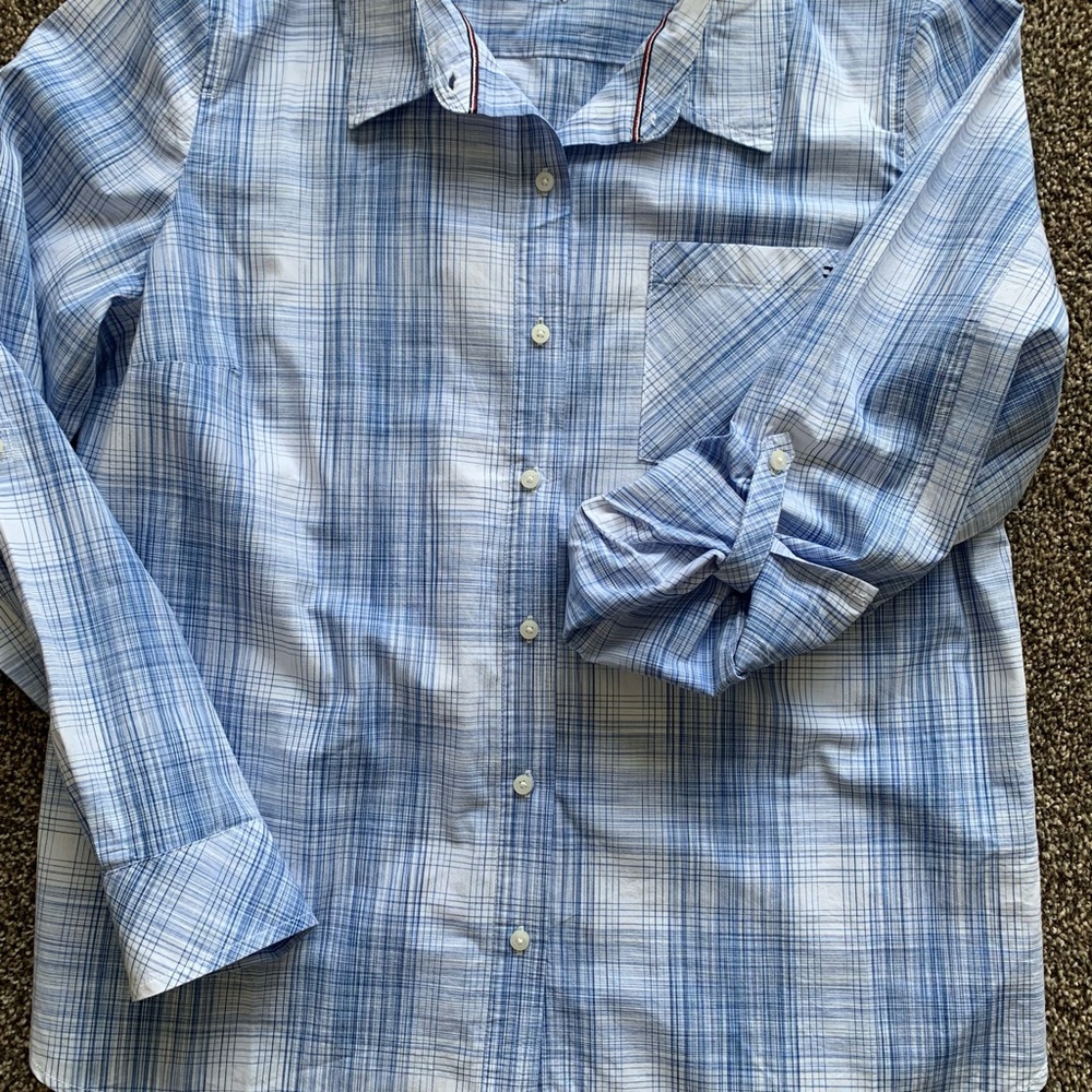 Tommy Hilfiger Blue Plaid Roll-Tab Sleeve Pocket Western Button Down Blouse